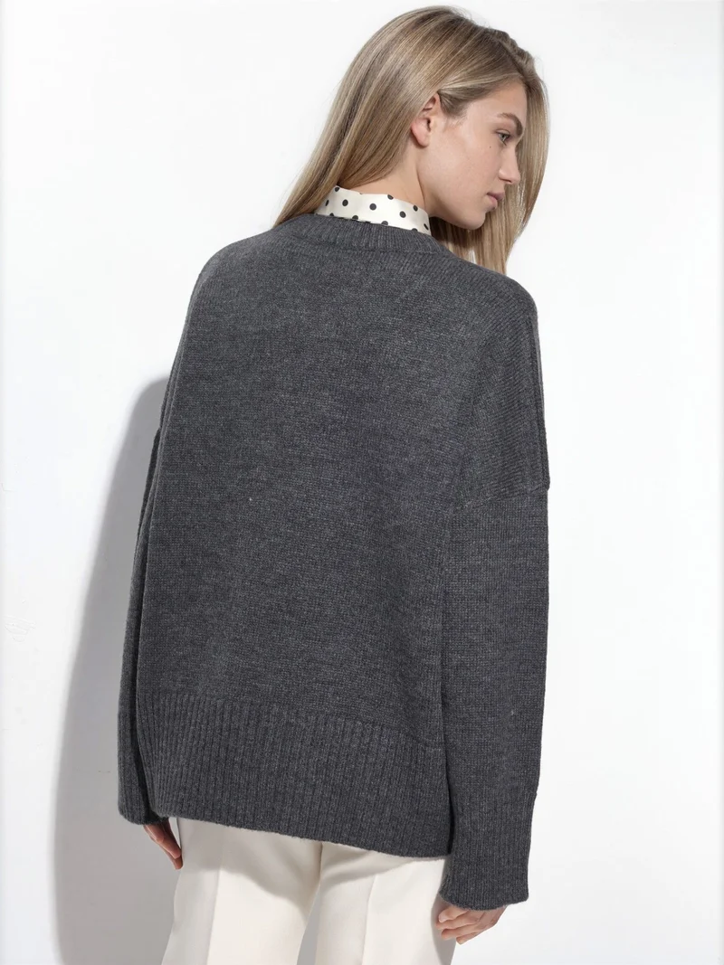 Hiccup Dark Grey Oversized Crew Neck Knit Sweater for Women | Best Price UAE