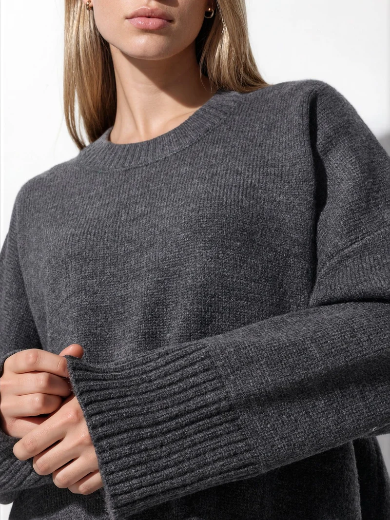 Hiccup Dark Grey Oversized Crew Neck Knit Sweater for Women | Best Price UAE