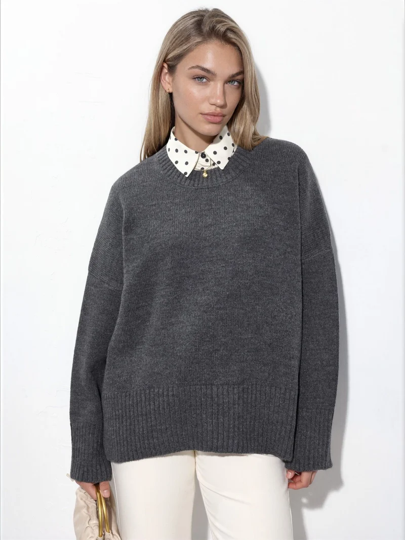 Hiccup Dark Grey Oversized Crew Neck Knit Sweater for Women | Best Price UAE