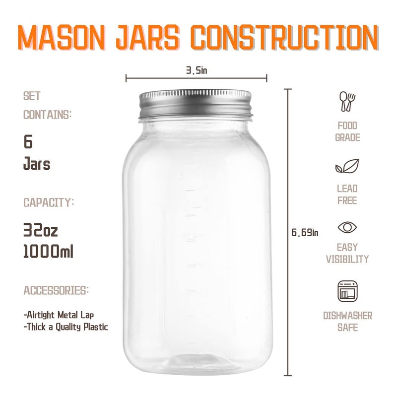 novelinks 32 oz Clear Plastic Jars with Lids, 6 Pack Large Plastic Mason Jars with Lids 32oz, Reusable Quart Containers for Kitchen Organization (6 Pack,Silver) - Image 2