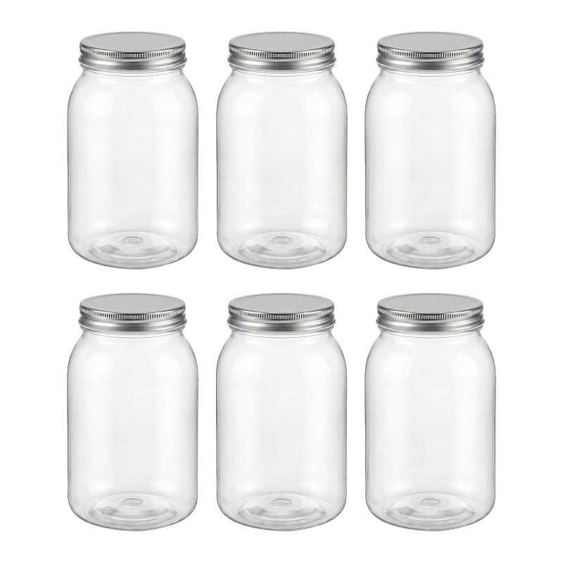 novelinks 32 oz Clear Plastic Jars with Lids, 6 Pack Large Plastic Mason Jars with Lids 32oz, Reusable Quart Containers for Kitchen Organization (6 Pack,Silver) - Image 1