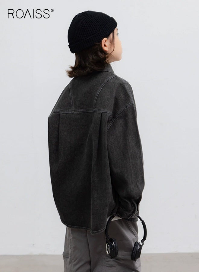 رويس سترة جينز للأولاد، قميص أنيق بأزرار كبس، سترة قميص فضفاضة عصرية، قميص بأكمام طويلة للأولاد، مناسب للارتداء اليومي والمدرسة والأنشطة الخارجية - Image 2