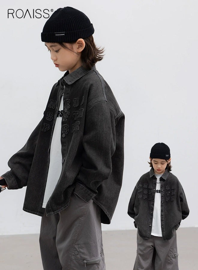 رويس سترة جينز للأولاد، قميص أنيق بأزرار كبس، سترة قميص فضفاضة عصرية، قميص بأكمام طويلة للأولاد، مناسب للارتداء اليومي والمدرسة والأنشطة الخارجية - Image 3