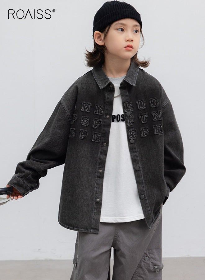 رويس سترة جينز للأولاد، قميص أنيق بأزرار كبس، سترة قميص فضفاضة عصرية، قميص بأكمام طويلة للأولاد، مناسب للارتداء اليومي والمدرسة والأنشطة الخارجية - Image 4