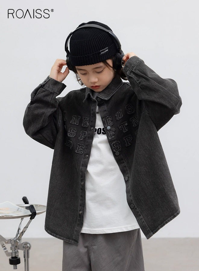 رويس سترة جينز للأولاد، قميص أنيق بأزرار كبس، سترة قميص فضفاضة عصرية، قميص بأكمام طويلة للأولاد، مناسب للارتداء اليومي والمدرسة والأنشطة الخارجية - Image 1
