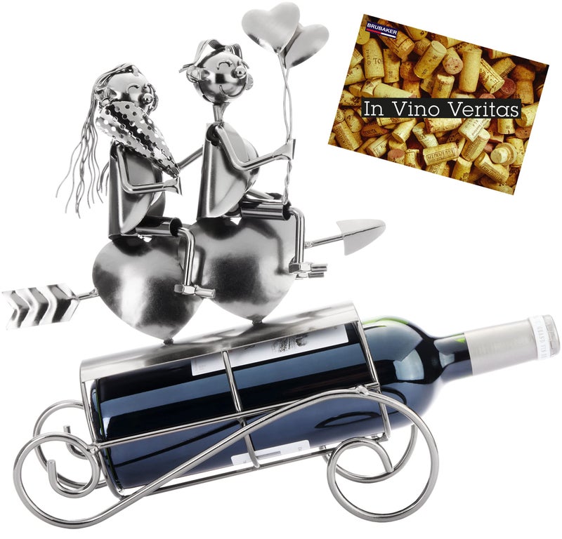 BRUBAKER Wine Bottle Holder Lovers on Heart Arrow  Metal Bottle Holder Couple with Balloons and Flower  134 inches 34 cm Decoration with Greeting Card  Wine Gift for Valentines Day