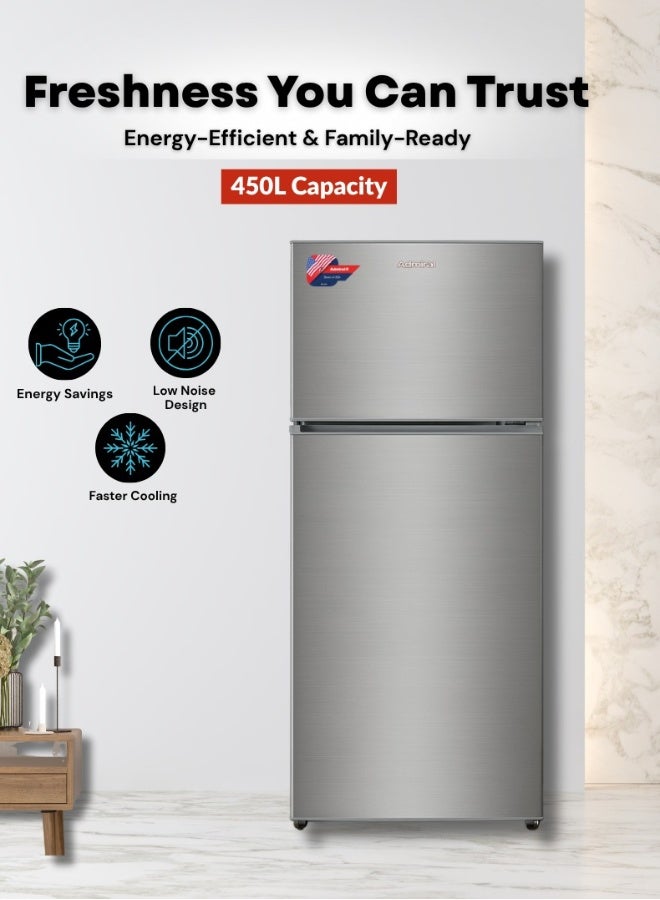 Admiral ADTM45HSP Double Door Top Mount Refrigerator – 450L Gross Capacity, Stainless Steel Finish, Frost-Free Cooling, Adjustable Shelves, Humidity-Control Crisper, Energy Efficient Compressor, Low Noise Operation – Ideal for Large Families – Silver