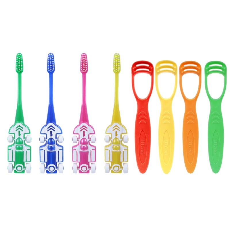 MAXI Oral Care Combo of 8-(4 Kids) Zoom Car Junior Toothbrush & (4 TC) 1 Number Tongue Cleaner Multicolour - Image 1