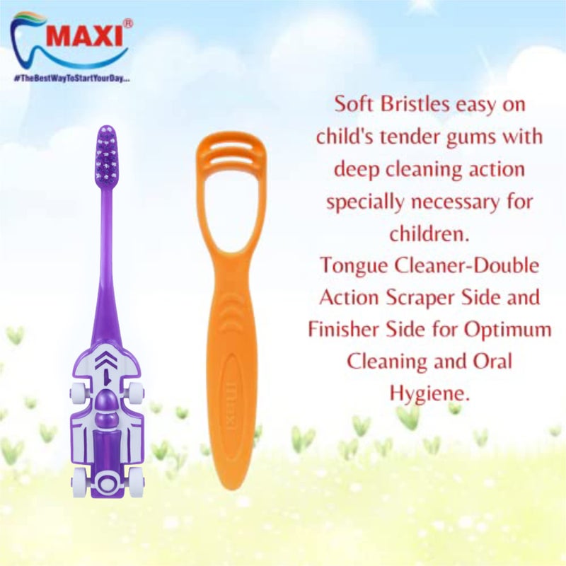 MAXI Oral Care Combo of 8-(4 Kids) Zoom Car Junior Toothbrush & (4 TC) 1 Number Tongue Cleaner Multicolour - Image 2
