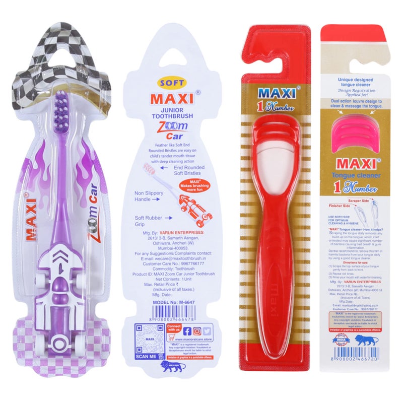 MAXI Oral Care Combo of 8-(4 Kids) Zoom Car Junior Toothbrush & (4 TC) 1 Number Tongue Cleaner Multicolour - Image 5