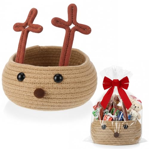 Geelin Christmas Gift Basket with Wrap Bag and Ribbon 8x4 Inch Empty Woven Basket Christmas Reindeer Elk Woven Storage Container for Xmas Party Gift Wrapping - Image 1