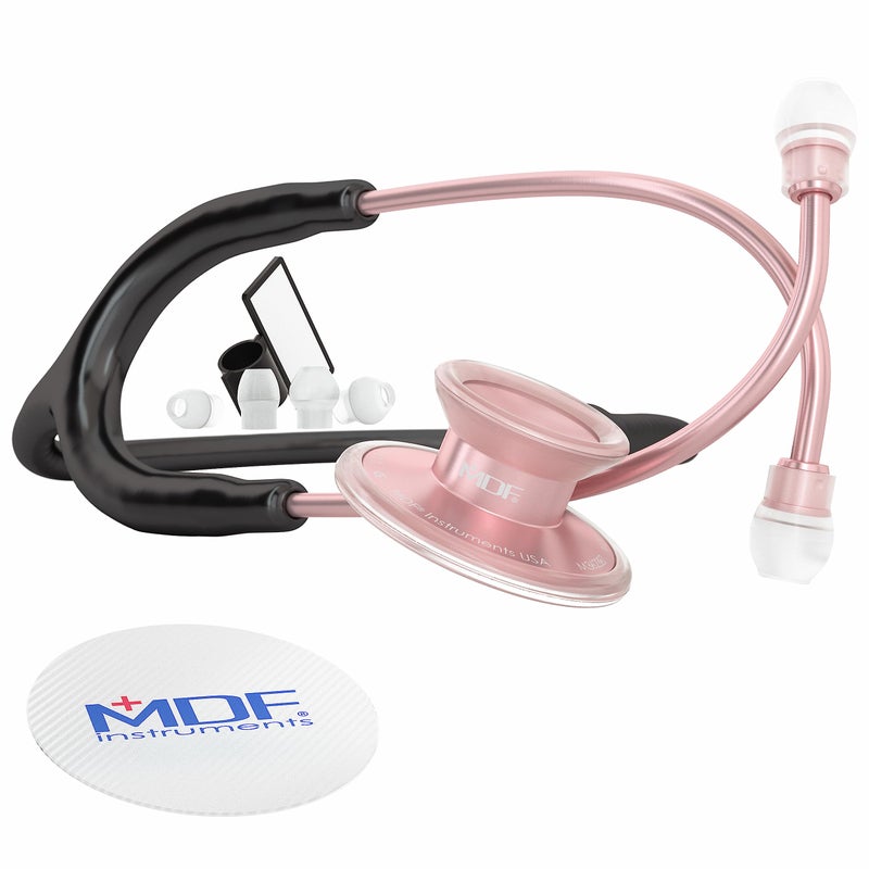 MDF Instruments, Acoustica Lightweight Stethoscope for Doctors, Nurses, Students, Home Health Use, Adult, Dual Head, Black Tube, Rosegold (Matte Finish) Chestpiece-Headset, MDF747XPRG11
