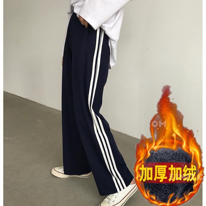 261-1 fleece-lined Thickened Casual Pants Wide Leg Pants Fall/Winter Korean Student Loose Sports Pants Three Bar Pants Black [fleece-lined thickening, no ball]] 