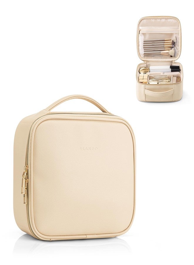 Vlando Travel Makeup Bag,Portable Cosmetic Bag Makeup Case Organizer, Makeup Bag with Adjustable Dividers for Women,Girls,Wedding,Cosmetic Brushes,Toiletry,Gifts,Anniversary-Beige - Image 1