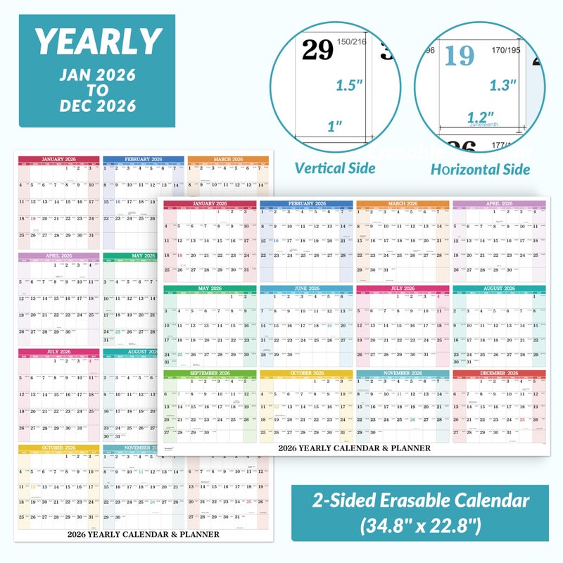 BooQool 2026 Yearly Wall Calendar - Dry Erase Calendar 2026, Erasable Wall Calendar 2026, Jan 2026 - Dec 2026, 34.8'' Ã— 22.8'', 2-Sided Horizontal/Vertical - Image 3