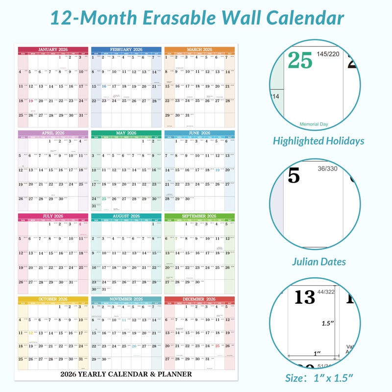 BooQool 2026 Yearly Wall Calendar - Dry Erase Calendar 2026, Erasable Wall Calendar 2026, Jan 2026 - Dec 2026, 34.8'' Ã— 22.8'', 2-Sided Horizontal/Vertical - Image 4
