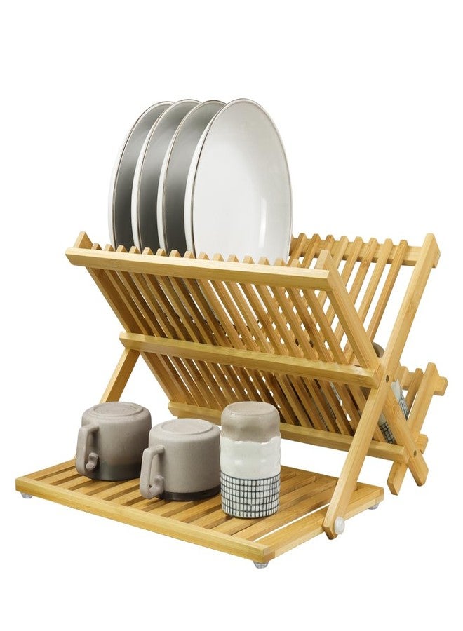 KKTONER Bamboo Dish Drying Rack with Utensil Holder 3 Tier Collapsible Drainer Rack with Dish Drying Mat for Kitchen Counter (Natural) - Image 1