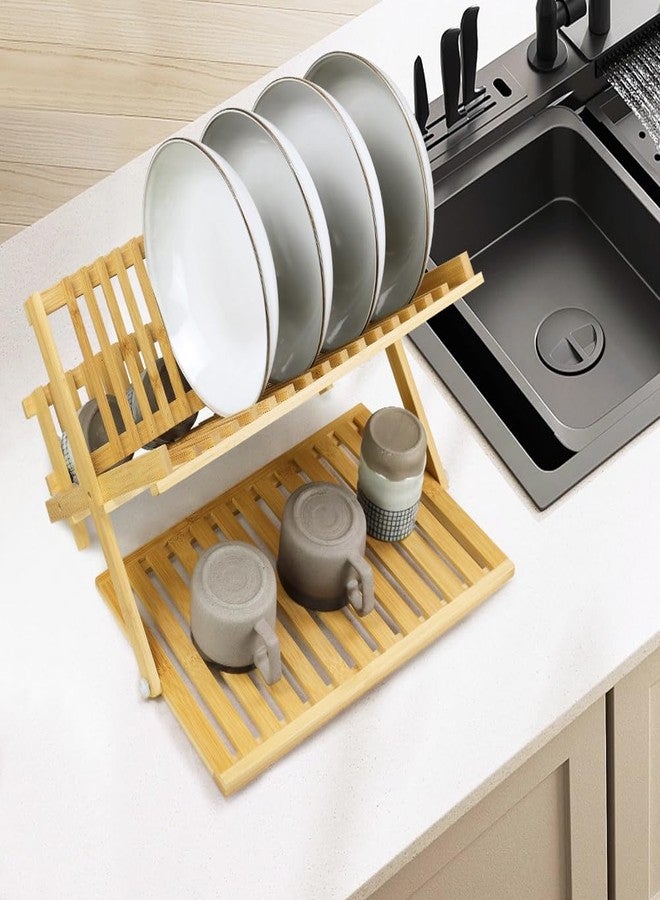 KKTONER Bamboo Dish Drying Rack with Utensil Holder 3 Tier Collapsible Drainer Rack with Dish Drying Mat for Kitchen Counter (Natural) - Image 5