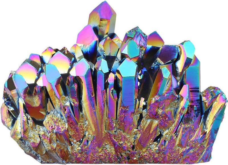 mookaitedecor Titanium Coated Natural Rock Crystal Cluster Geode Stone Specimen, Rainbow