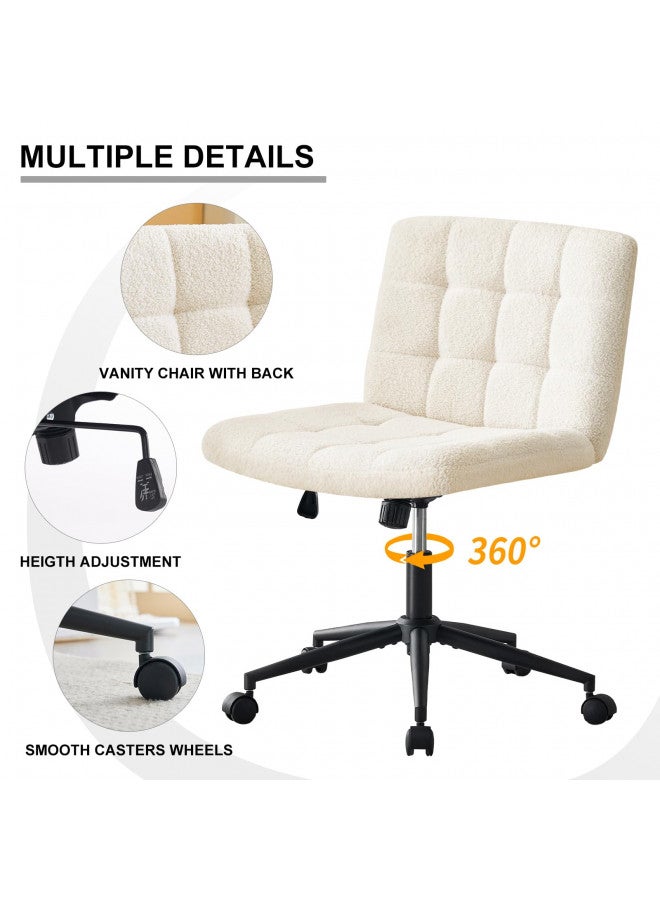 Furnimart Swivel Criss Cross Legged Chair with Wheels for Home Office, Wide Armless Desk Chair Height Adjustable Comfy Seat for Desk,Vanity, Bedroom, Faux Fur White - Image 3