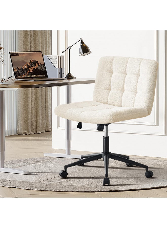 Furnimart Swivel Criss Cross Legged Chair with Wheels for Home Office, Wide Armless Desk Chair Height Adjustable Comfy Seat for Desk,Vanity, Bedroom, Faux Fur White - Image 1
