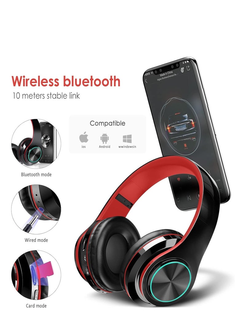 سماعات رأس بلوتوث لاسلكية مع 5.3 ضوء LED، قابلة للطي، فتحة بطاقة SD - (أسود أحمر) - Image 4