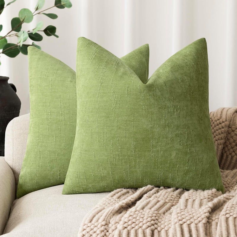 Foindtower Pack of 2 Textured Chenille Throw Decorative Pillow Covers Square Accent Solid Cushion Cover Neutral Farmhouse Modern Pillow Case for Couch Sofa Bedroom Living Room 24x24 Inch,Lush Green - Image 1