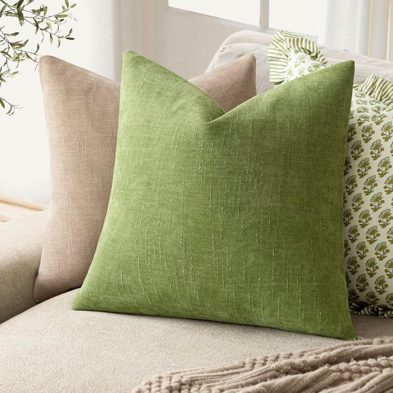 Foindtower Pack of 2 Textured Chenille Throw Decorative Pillow Covers Square Accent Solid Cushion Cover Neutral Farmhouse Modern Pillow Case for Couch Sofa Bedroom Living Room 24x24 Inch,Lush Green - Image 4