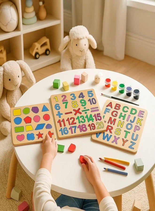 Avenn Wooden Learning Educational Puzzle Set, Alphabets Numbers Shapes, 3 Piece Paint Puzzle Board Game with Colors, for Kids 1 Year and Above - Image 3