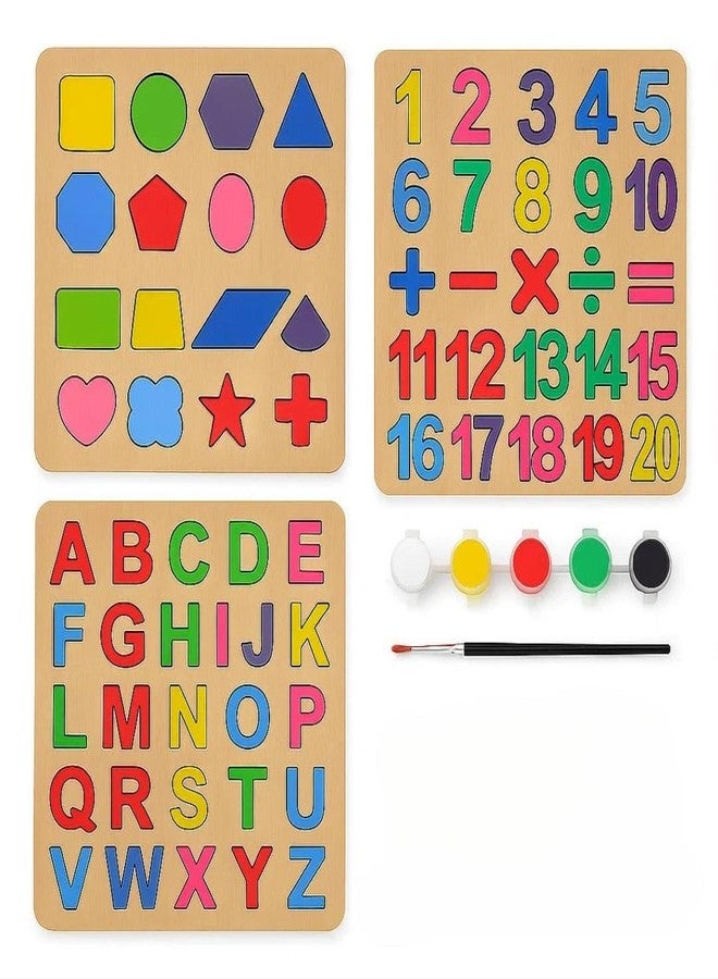 Avenn Wooden Learning Educational Puzzle Set, Alphabets Numbers Shapes, 3 Piece Paint Puzzle Board Game with Colors, for Kids 1 Year and Above - Image 1