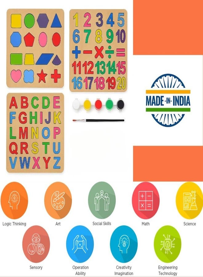 Avenn Wooden Learning Educational Puzzle Set, Alphabets Numbers Shapes, 3 Piece Paint Puzzle Board Game with Colors, for Kids 1 Year and Above - Image 2
