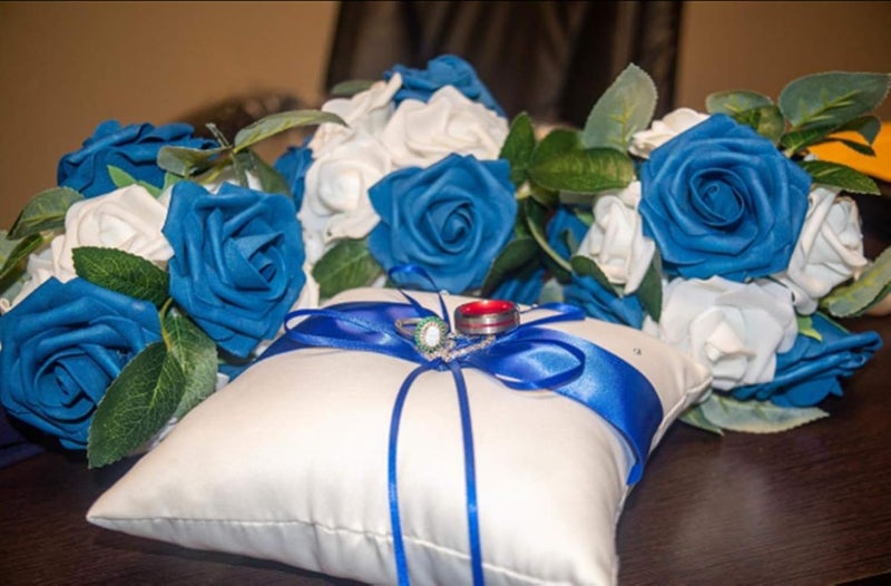 he andi 7.8" Satin Double Hearts Decoration Wedding Ring Bearer Pillow (Blue) - Image 2