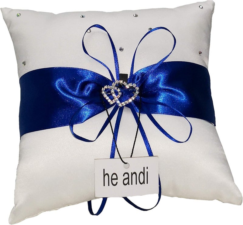 he andi 7.8" Satin Double Hearts Decoration Wedding Ring Bearer Pillow (Blue) - Image 1