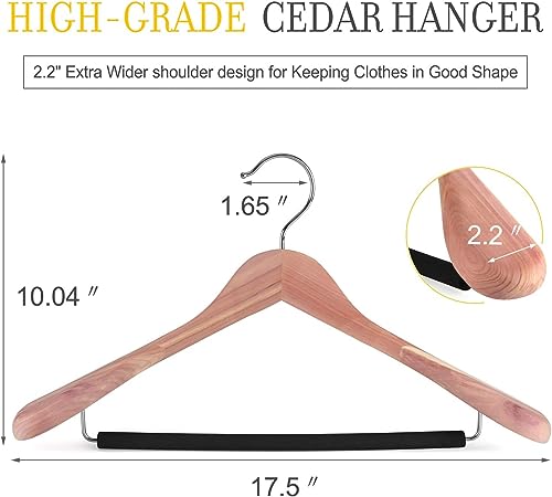 TOPIA HANGER American Red Cedar Wide Shoulder Wooden Hangers 8 Pack Luxury Wood Suit Coat Hangers with Black Padded Pant Bar360 Swivel Chrome Hook Natural CT07W8 - Image 3