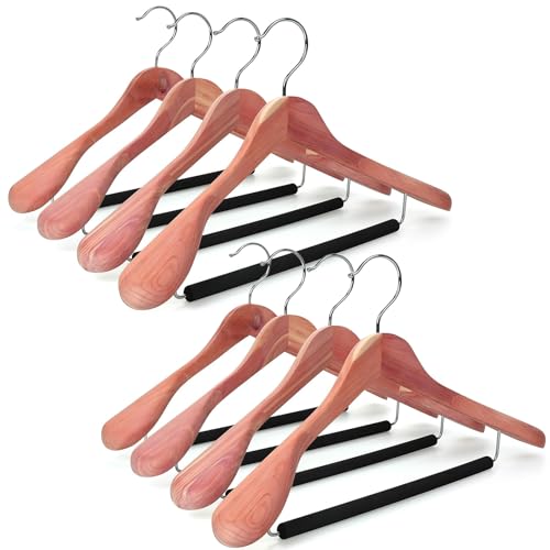 TOPIA HANGER American Red Cedar Wide Shoulder Wooden Hangers 8 Pack Luxury Wood Suit Coat Hangers with Black Padded Pant Bar360 Swivel Chrome Hook Natural CT07W8 - Image 1
