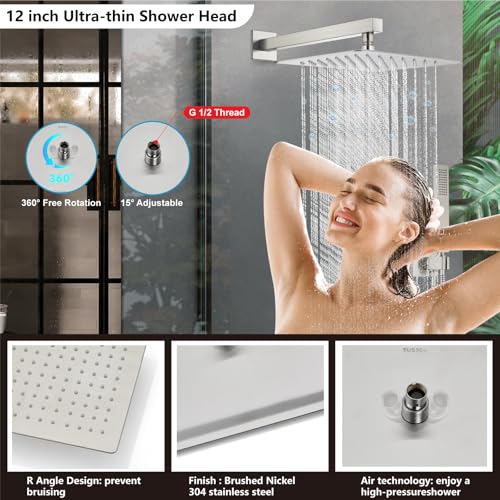 Midanya Shower Faucet Set,Wall Mount Shower System with Square Rain Shower Head and Hand Sprayer, Rough-in Valve Body and Trim Kit Included,12 Inch,Brushed Nickel - Image 3