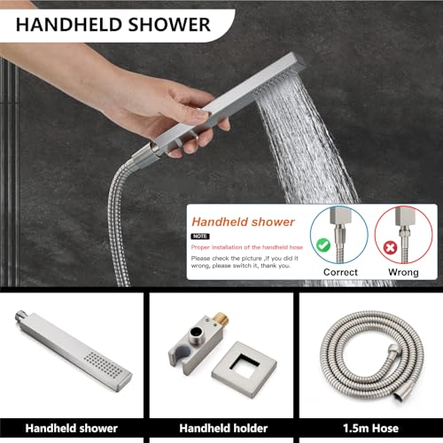 Midanya Shower Faucet Set,Wall Mount Shower System with Square Rain Shower Head and Hand Sprayer, Rough-in Valve Body and Trim Kit Included,12 Inch,Brushed Nickel - Image 5