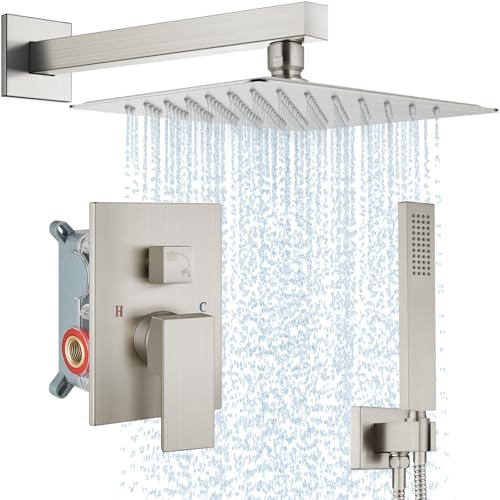 Midanya Shower Faucet Set,Wall Mount Shower System with Square Rain Shower Head and Hand Sprayer, Rough-in Valve Body and Trim Kit Included,12 Inch,Brushed Nickel - Image 1