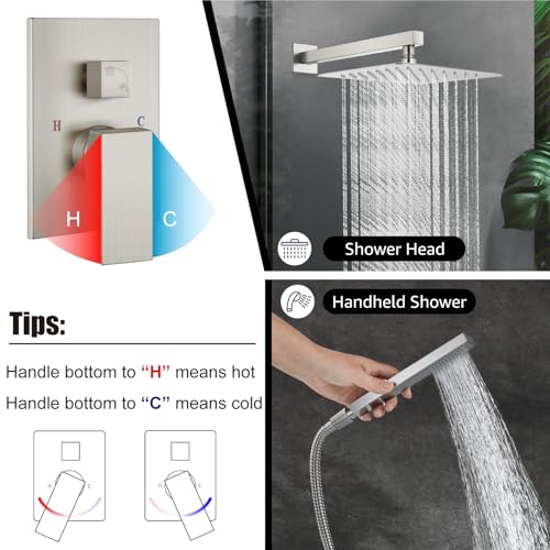 Midanya Shower Faucet Set,Wall Mount Shower System with Square Rain Shower Head and Hand Sprayer, Rough-in Valve Body and Trim Kit Included,12 Inch,Brushed Nickel - Image 4