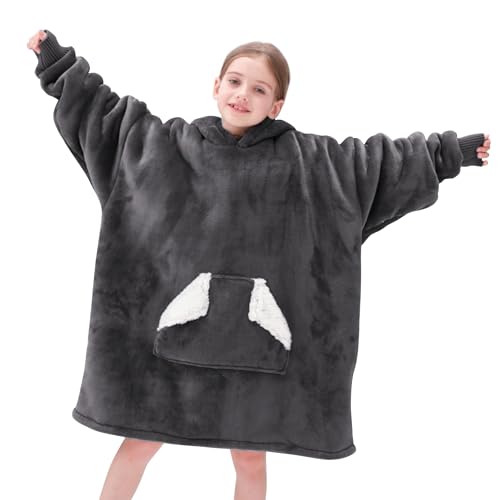 Touchat Wearable Blanket Hoodie for Kids & Teens 6-13 Year Old, Oversized Sherpa Fleece Sweatshirt with Pocket, Soft Cozy Hooded Blankets Christmas Birthday Gift for Boys and Girls, Grey - Image 4