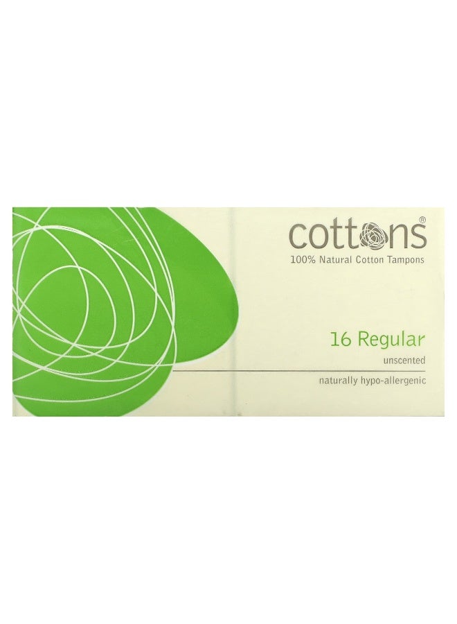 Cottons, 100% Natural Cotton Tampons, Regular, Unscented, 16 Tampons - Image 1