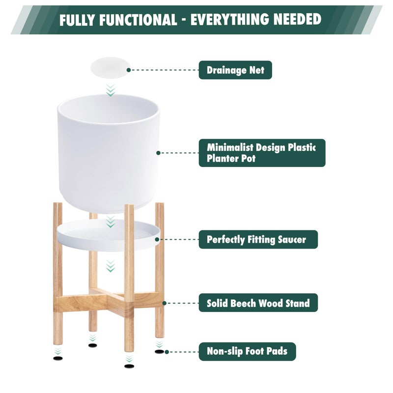 D'vine Dev Planter Pot with Stand - 8 Inch Plastic Cylinder Flower Pot with Wood Planter Holder for Indoor, Matte White Pot + Natural Stand, 55-C-J-1 - Image 5