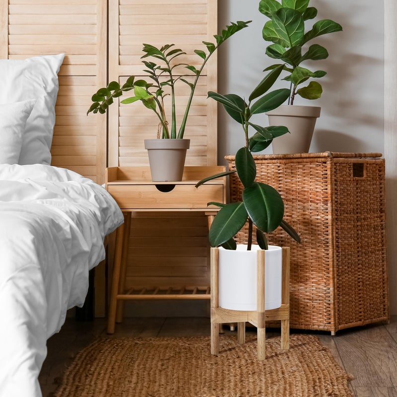 D'vine Dev Planter Pot with Stand - 8 Inch Plastic Cylinder Flower Pot with Wood Planter Holder for Indoor, Matte White Pot + Natural Stand, 55-C-J-1 - Image 4