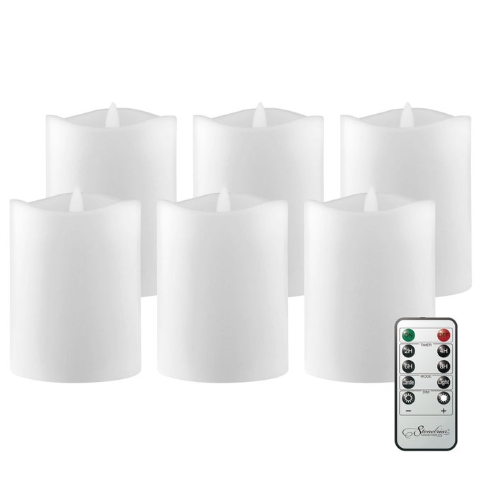 6 COUNT REAL WHITE WAX 3X4 FLAMELESS LED PILLAR CANDLES WITH REMOTE AND TIMER