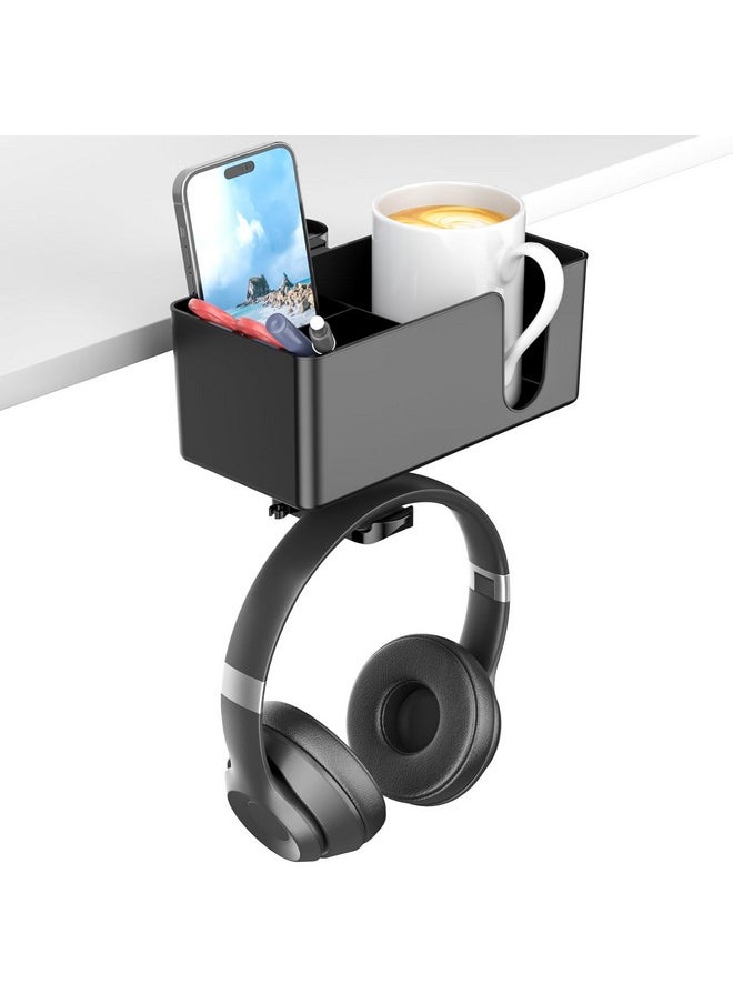 KDD - 4 In 1 Desk Cup Holder - Clamp On Under Desk Headphone Hanger - Rotating Headphone Holder Detachable Pen Cup Holder Desk Storage For Cup, Phone And Pen(Black) - Image 1
