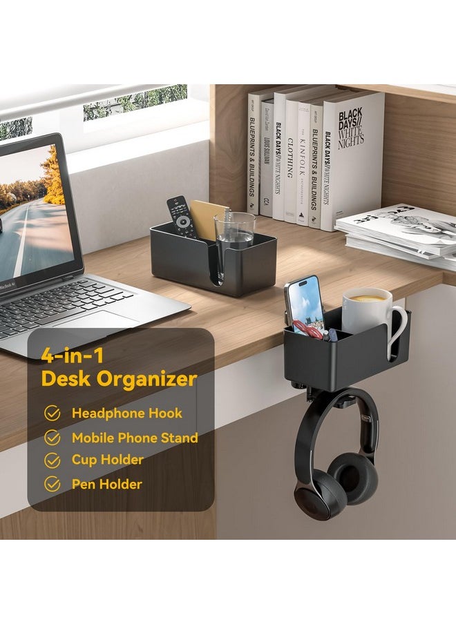 KDD - 4 In 1 Desk Cup Holder - Clamp On Under Desk Headphone Hanger - Rotating Headphone Holder Detachable Pen Cup Holder Desk Storage For Cup, Phone And Pen(Black) - Image 1