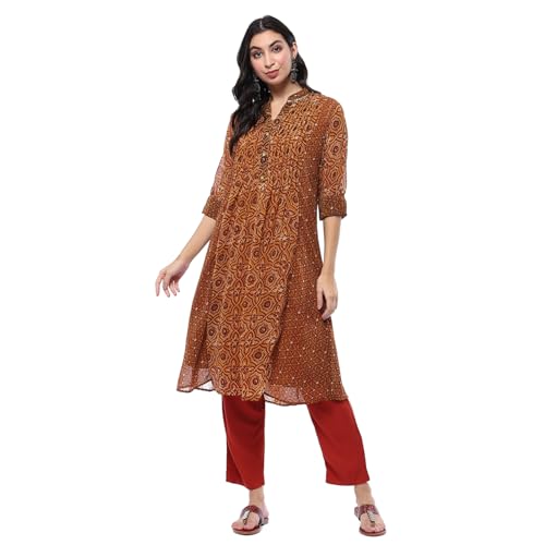 Biba Beige Georgette Straight Kurta - Image 1