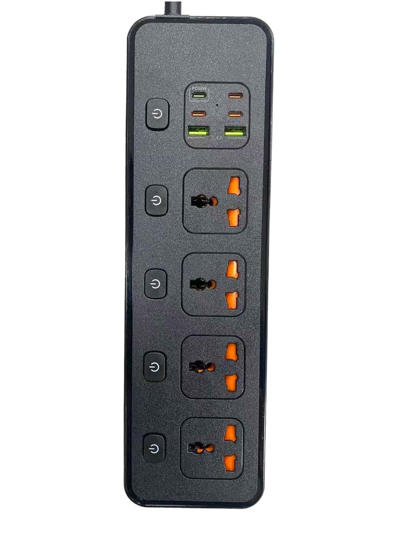 باما مشترك كهرباء مع 5 مقابس مضادة للكهرباء الساكنة، 2 USB، 4 منافذ Type-C وكابل بطول 2 متر أسود BKL25 