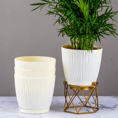 Nurturing Green® Set of 4 Self Watering Pots for Home, Decor & Garden | Flower Pots, Planters for Indoor Plants | Plastic Pots for Living Room (Color: Ivory, Size: 14cm x 12.5cm Each) - Image 1
