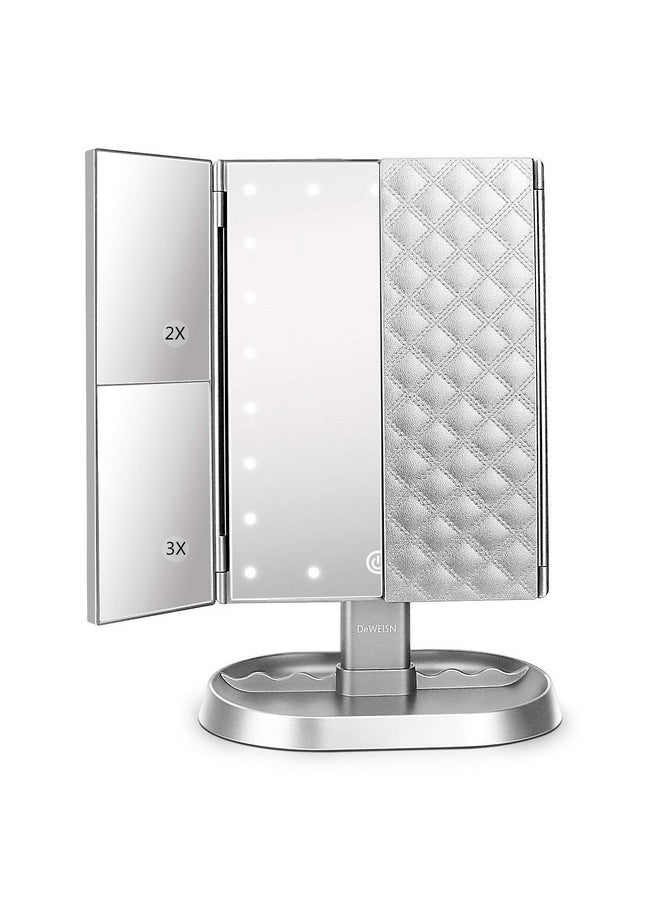 DeWEISN Trifold Lighted Vanity Makeup Mirror With 21 Led Lights,1/2/3 Magnification And Dimming,Two Power Supplies Makeup Mirror,Gift For Women  - Image 1